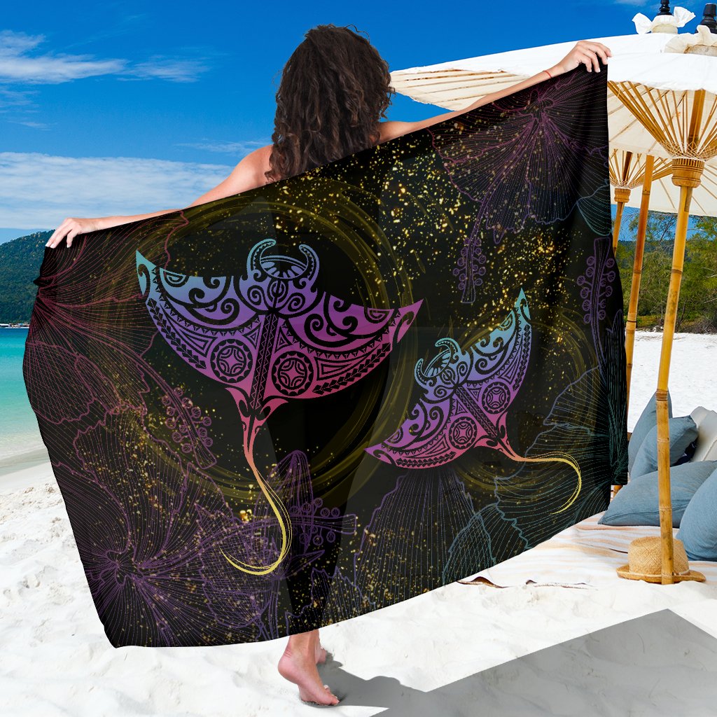 Hawaii Manta Ray Hibiscus Sarong - Glitter Style - AH Sarong One Size Black - Polynesian Pride