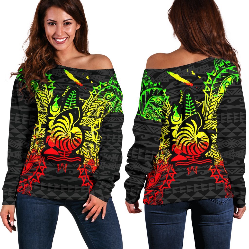 New Caledonia Polynesian Shoulder Sweater Map Reggae Art - Polynesian Pride