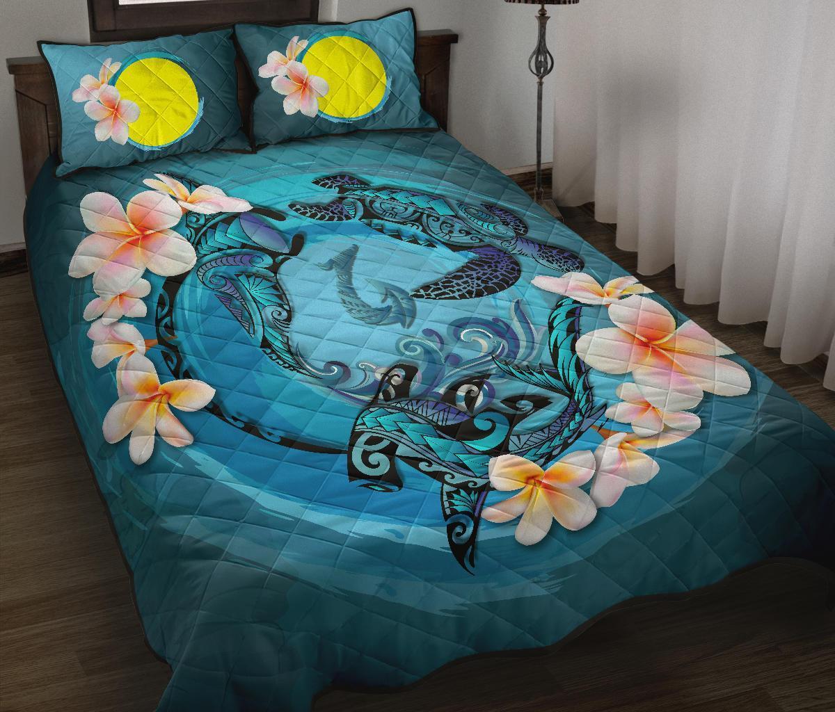 Palau Polynesian Quilt Bed Set - Blue Plumeria Animal Tattoo Blue - Polynesian Pride