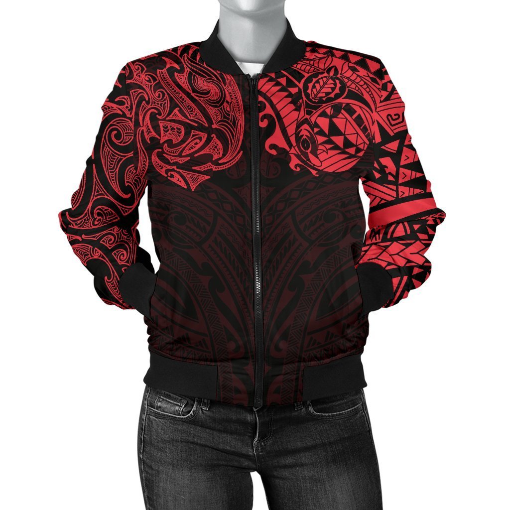 New Zealand Women's Bomber Jacket, Maori Polynesian Tattoo Red Red - Polynesian Pride