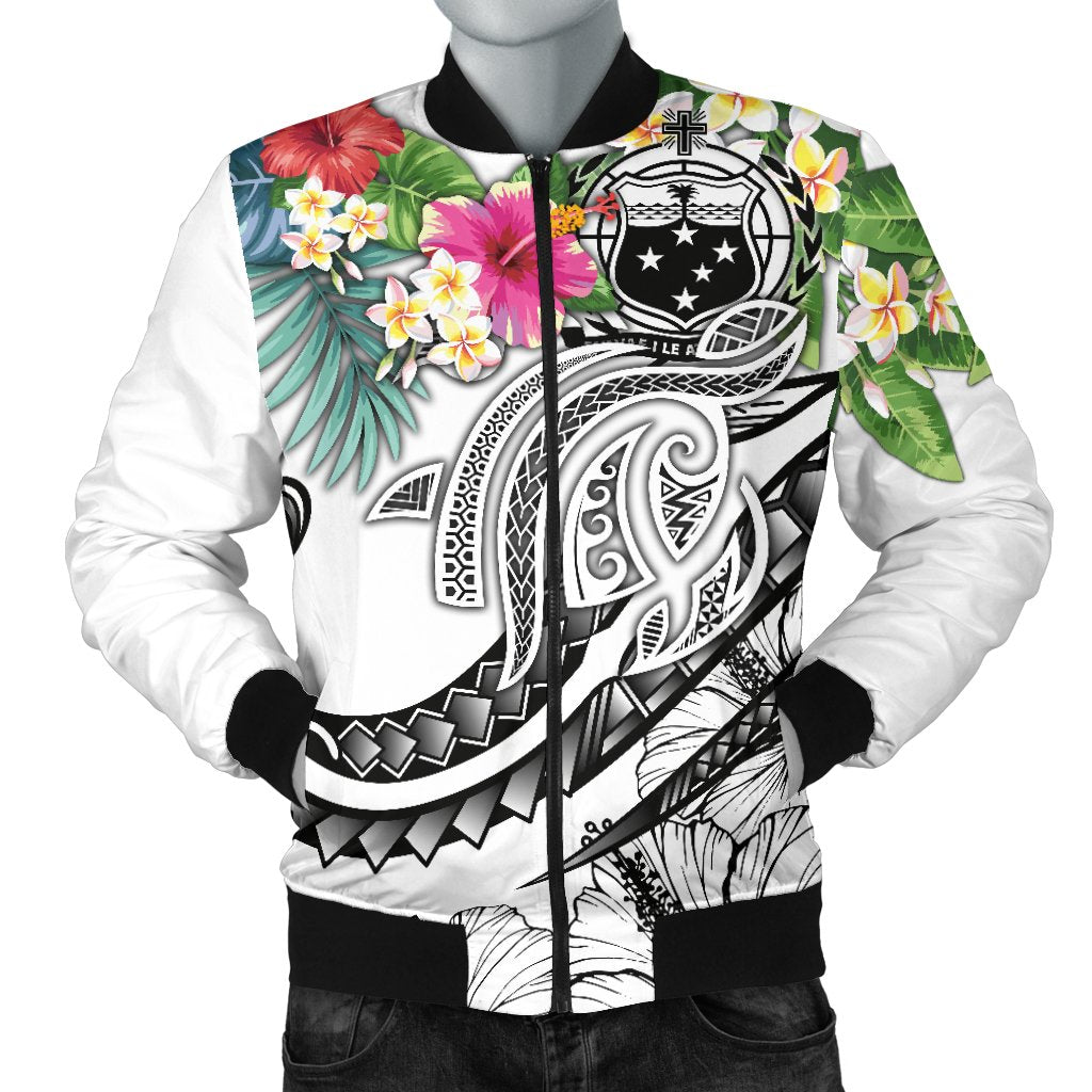 Polynesian Samoa Men's Bomber Jacket - Summer Plumeria (White) White - Polynesian Pride