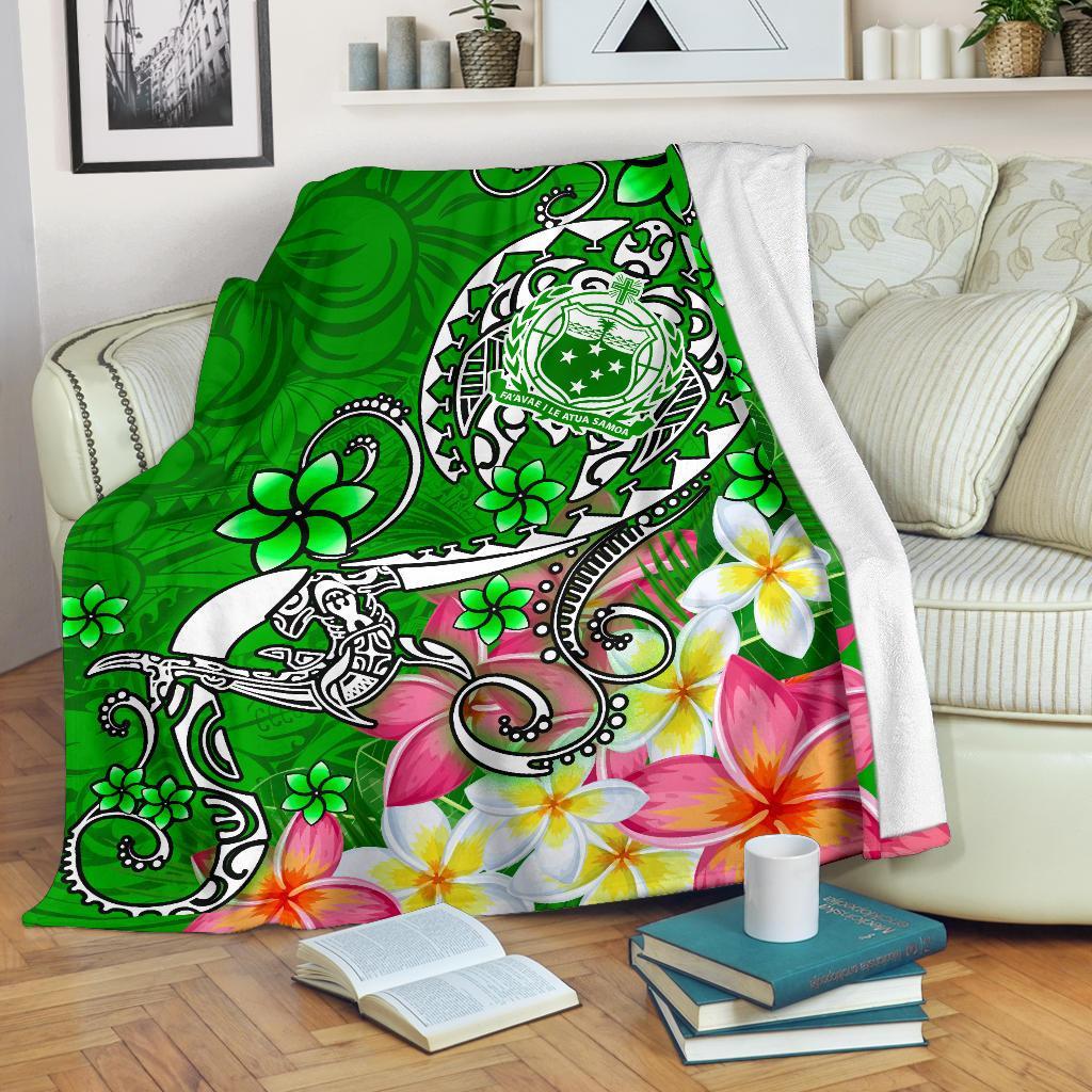 Samoa Premium Blanket - Turtle Plumeria (Green) White - Polynesian Pride