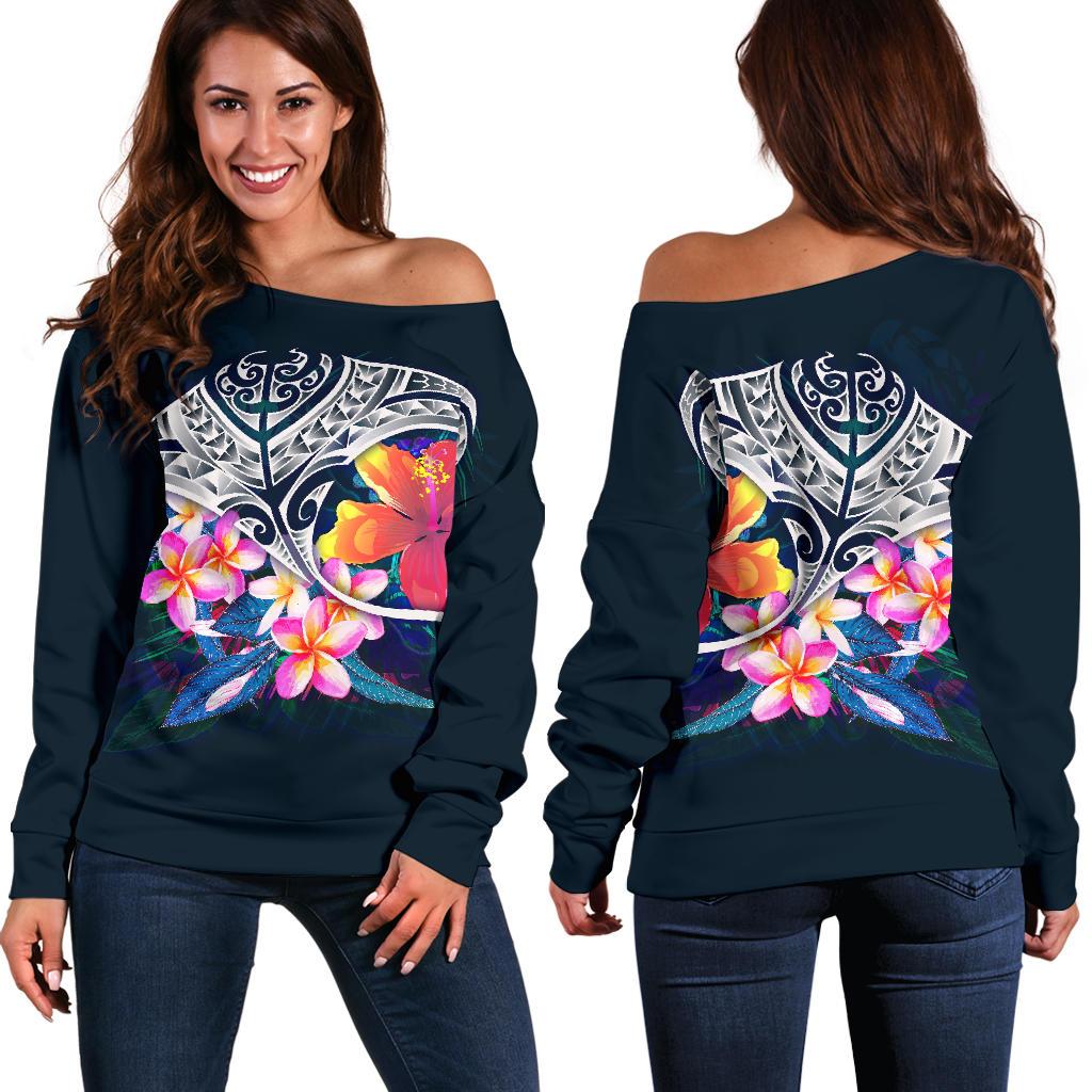 Polynesian Women's Off Shoulder Sweater - Manta Ray And Hibiscus Blue - Polynesian Pride