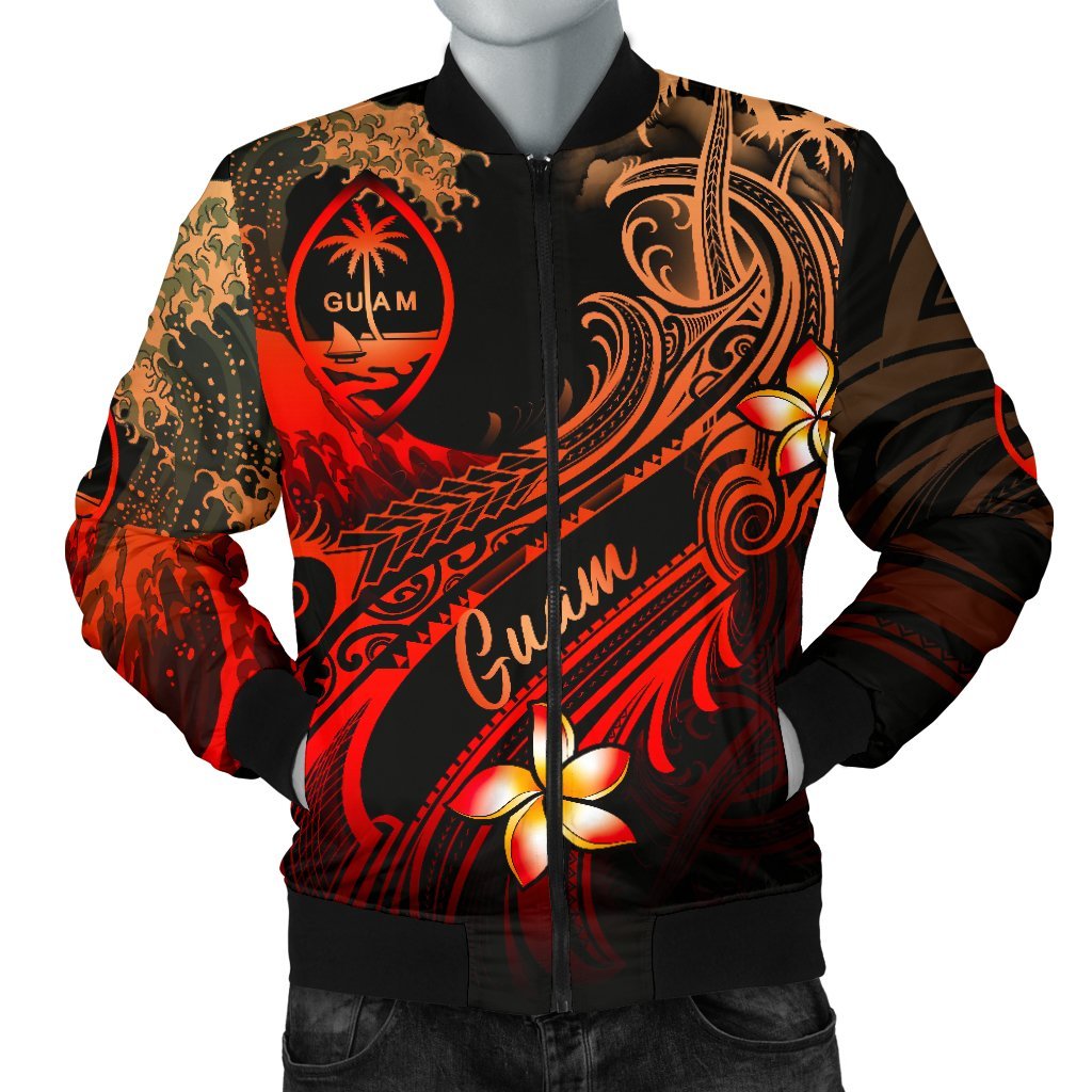 Guam Polynesian Men's Bomber Jacket - Plumeria Flowers And Waves Red - Polynesian Pride