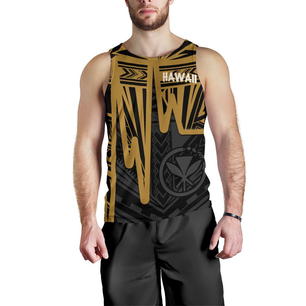 Hawaii Men's Tank Top - Kanaka Maoli With Polynesian Pattern In Heartbeat Style (Gold) - Polynesian Pride