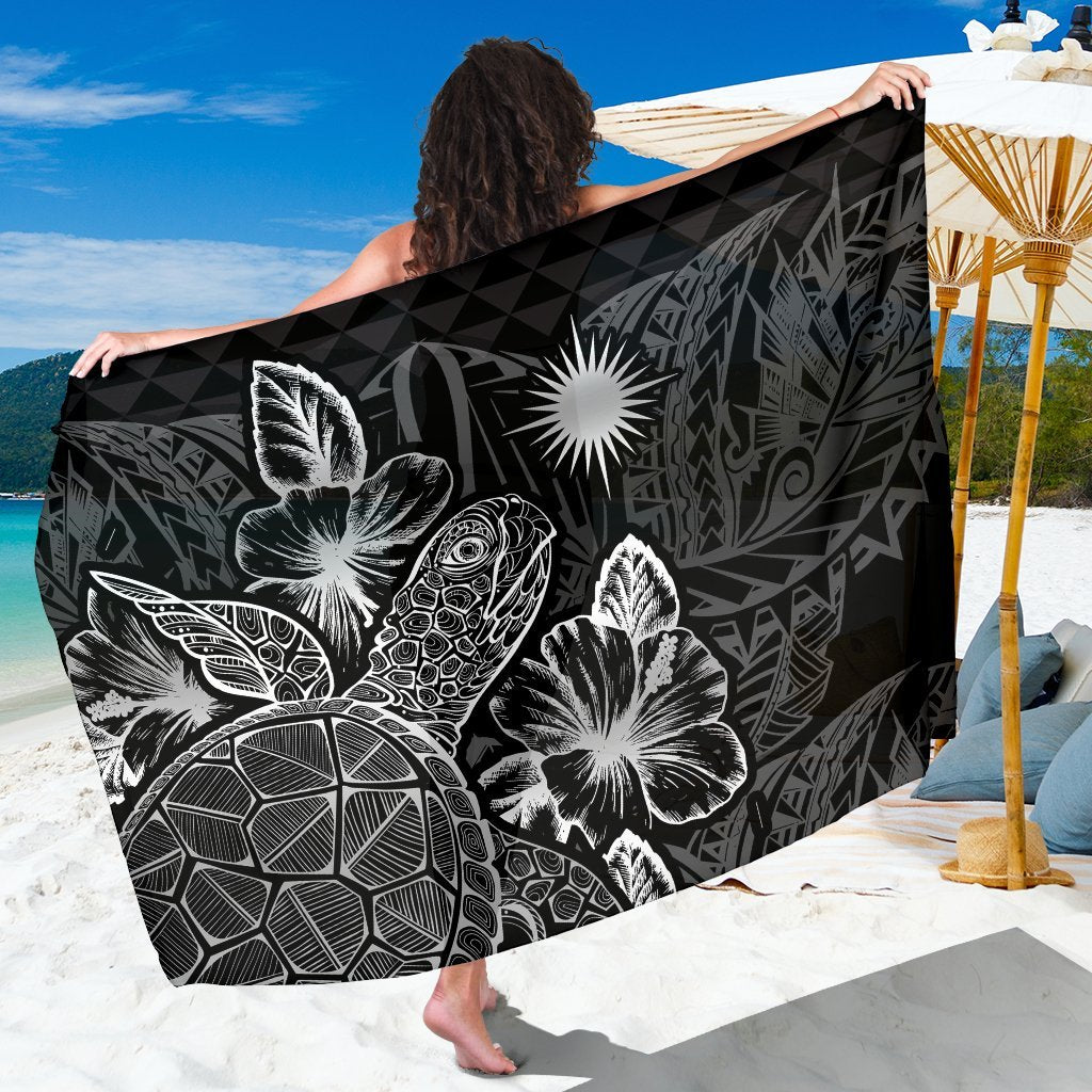 Marshall Islands Sarong - Turtle Hibiscus Pattern Black Women One Size Black - Polynesian Pride