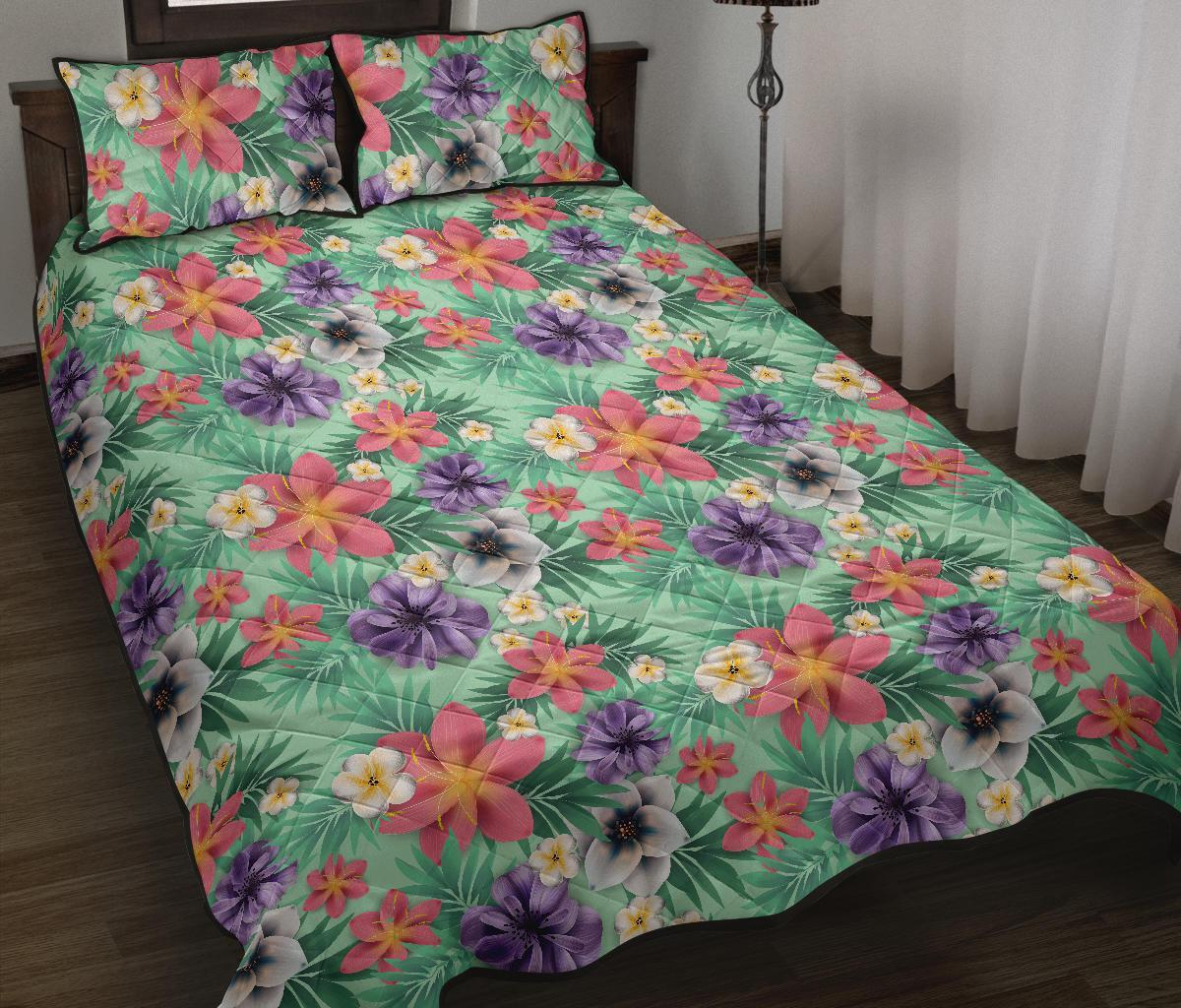 Hawaii Quilt Bed Set Tropical Flower Blossom Cluster Seamless Pattern Tropical Flowers Palm Leaves Plant And Leaf AH Black - Polynesian Pride