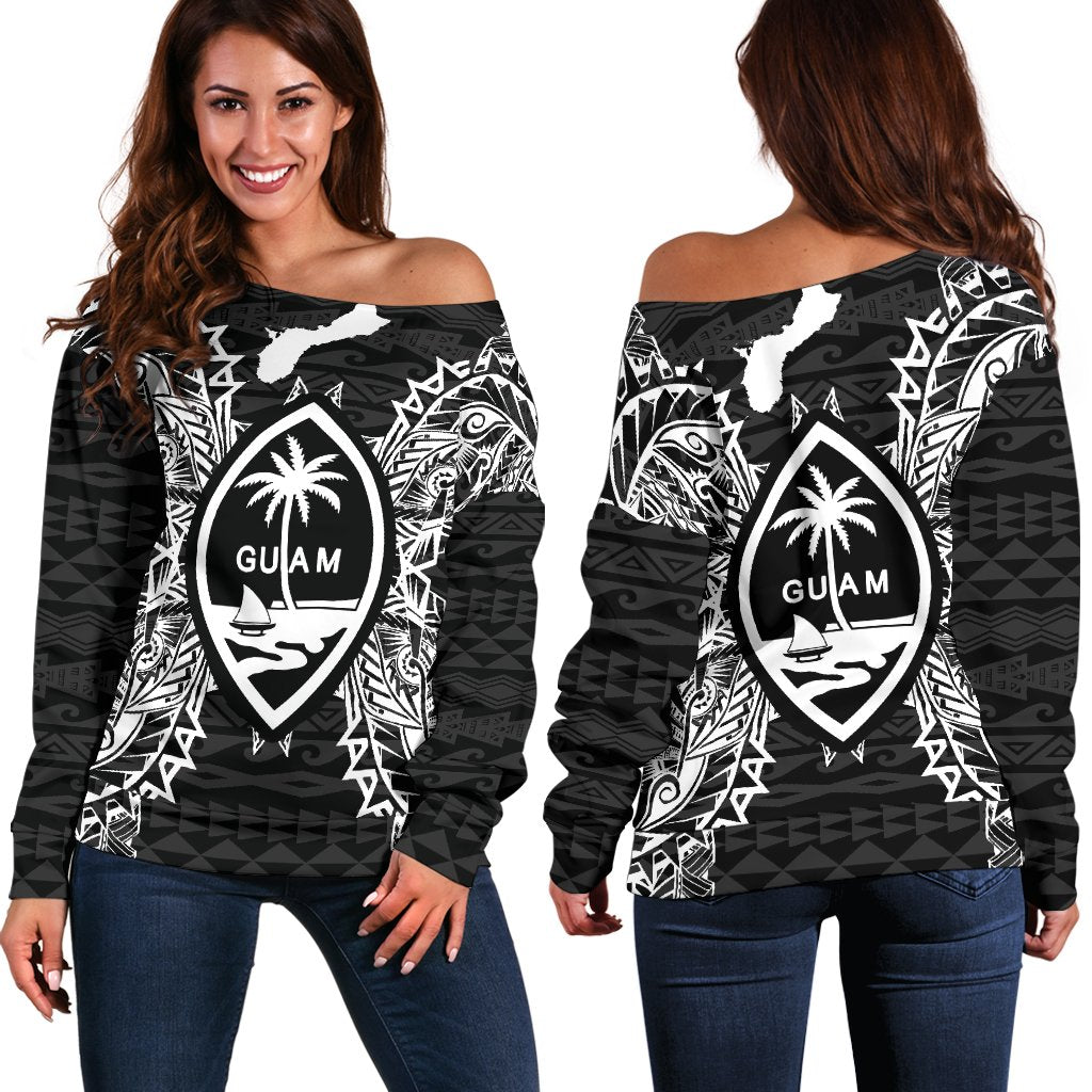 Guam Polynesian Shoulder Sweater Map Black Black - Polynesian Pride