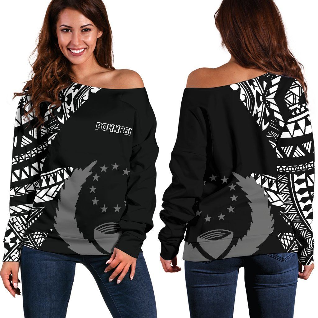 Pohnpei Women's Off Shoulder Sweater - Micronesian Pattern Flash Black Black - Polynesian Pride