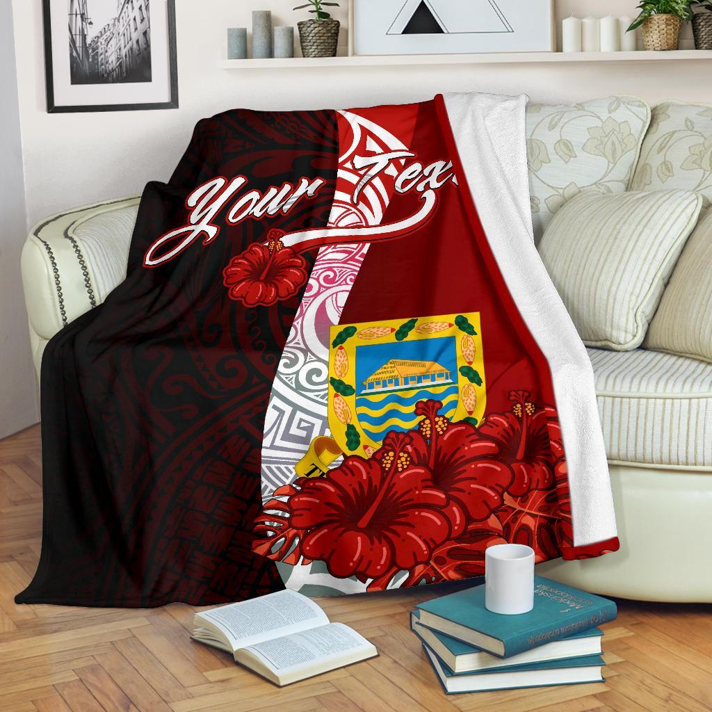 Tuvalu Polynesian Custom Personalised Premium Blanket - Coat Of Arm With Hibiscus White - Polynesian Pride