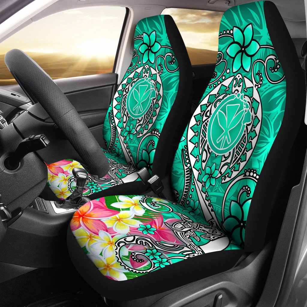 Hawaii Car Seat Covers - Turtle Plumeria Polynesian Tattoo Turquoise Color Universal Fit Turquoise - Polynesian Pride