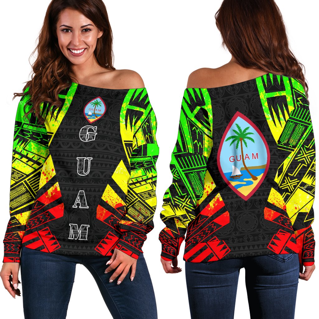 Guam Women's Off Shoulder Sweater - Polynesian Tattoo Reggae Art - Polynesian Pride