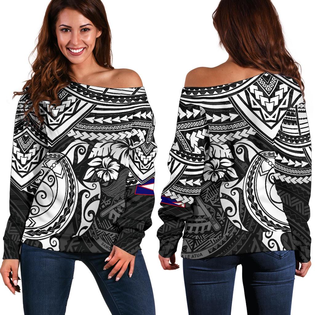 American Samoa Polynesian Women's Off Shoulder Sweater - Black Turtle BLACK - Polynesian Pride