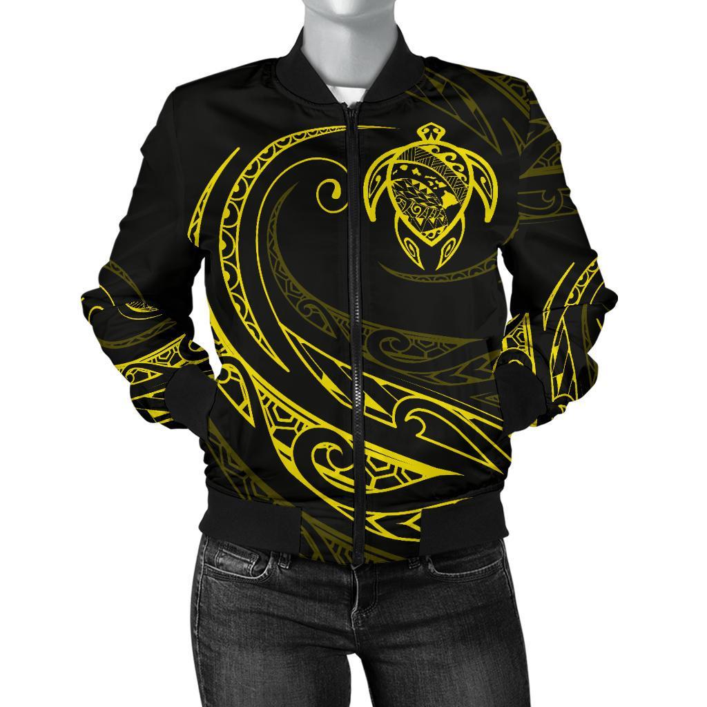 Hawaii Turtle Map Polynesian Women's Bomber Jacket - Yellow - Frida Style Yellow - Polynesian Pride