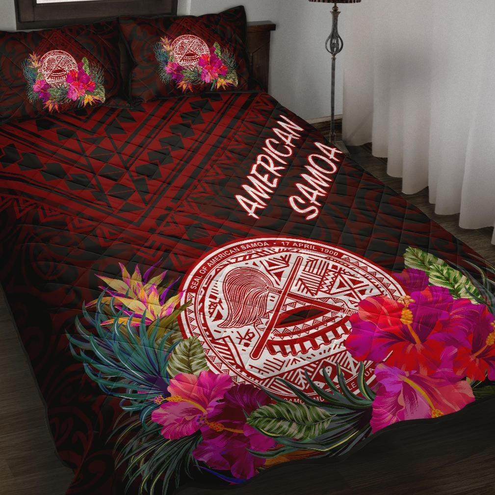 American Samoa Quilt Bed Set - Coat Of Arm With Polynesian Patterns Red - Polynesian Pride