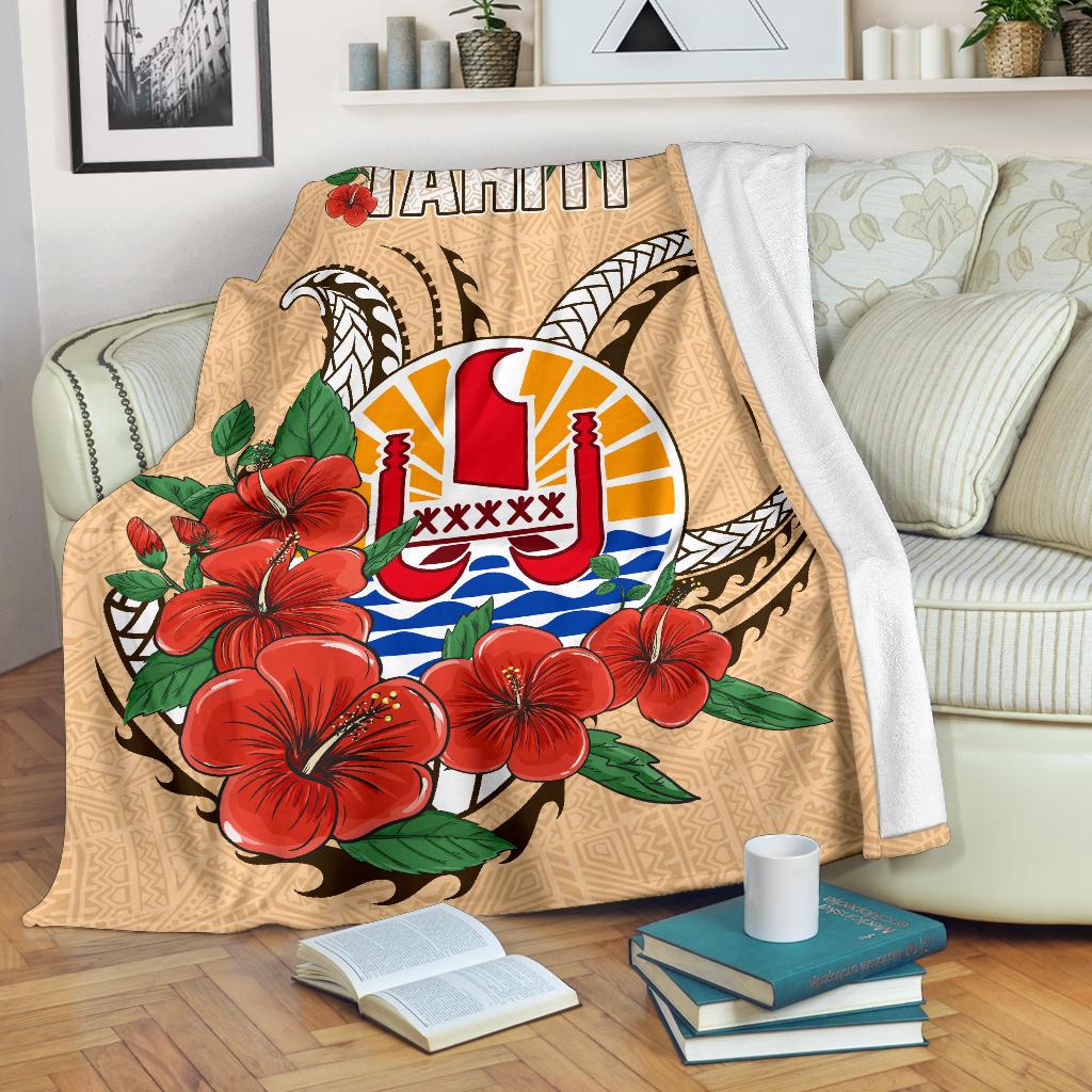 Tahiti Polynesian Premium Blanket - Hibiscus Coat of Arm Beige White - Polynesian Pride