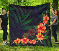 Hibiscus Palm Background Premium Quilt Black - Polynesian Pride