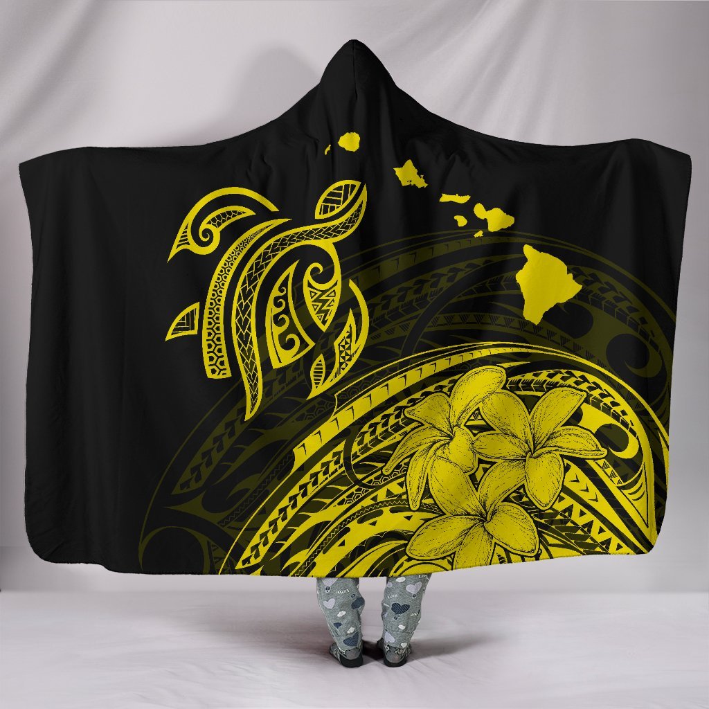 Hawaii Map Plumeria Polynesian Yellow Turtle Hooded Blanket Hooded Blanket Yellow - Polynesian Pride