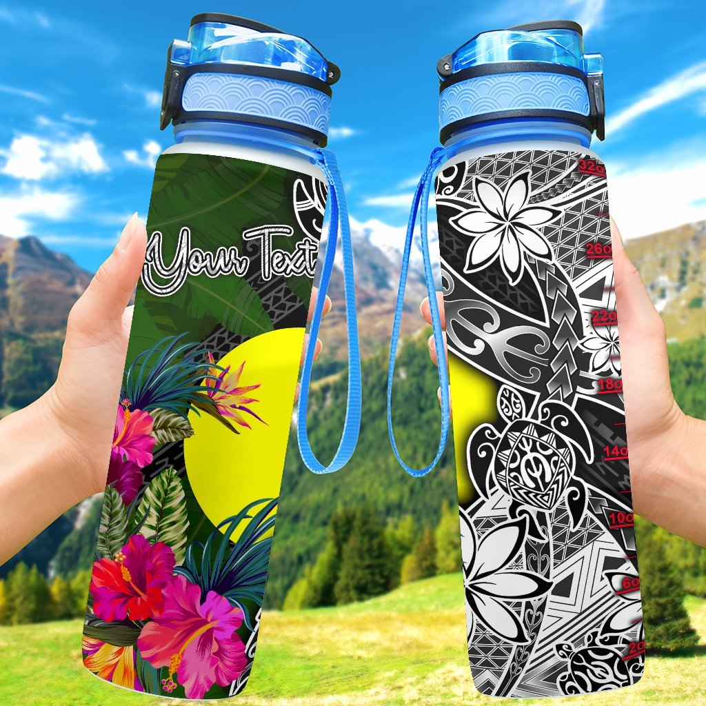 Palau Custom Personalised Hydro Tracking Bottle - Turtle Plumeria Banana Leaf Hydro Tracking Bottle 32oz Large Black - Polynesian Pride