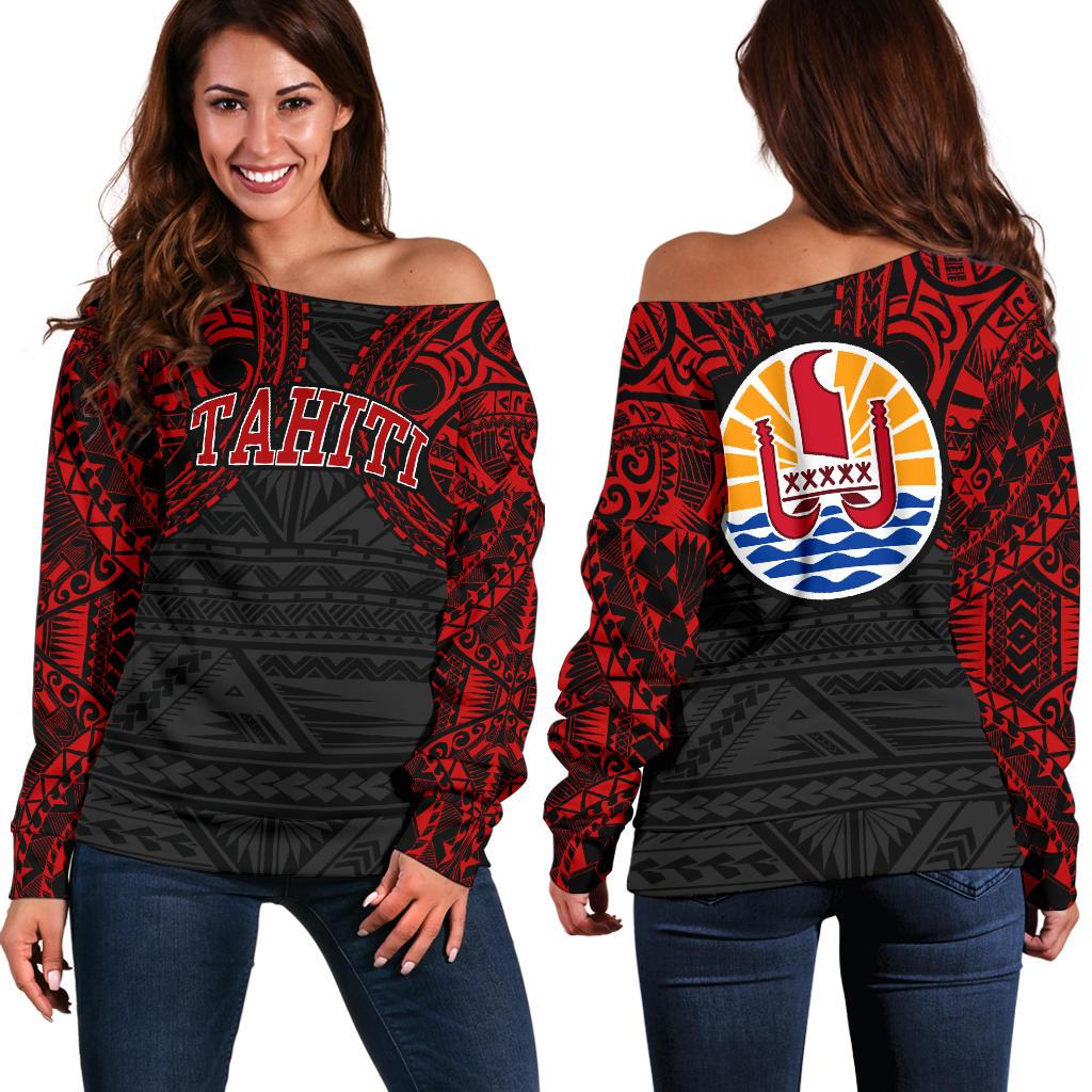 Tahiti Women's Off Shoulder Sweater - Red Tattoo Version Red - Polynesian Pride