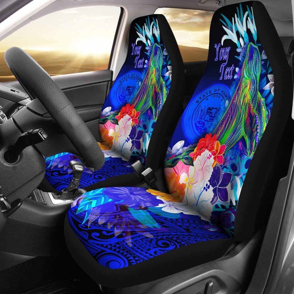 Polynesian Hawaii Custom Personalised Car Seat Covers - Humpback Whale with Tropical Flowers (Blue) Universal Fit Blue - Polynesian Pride