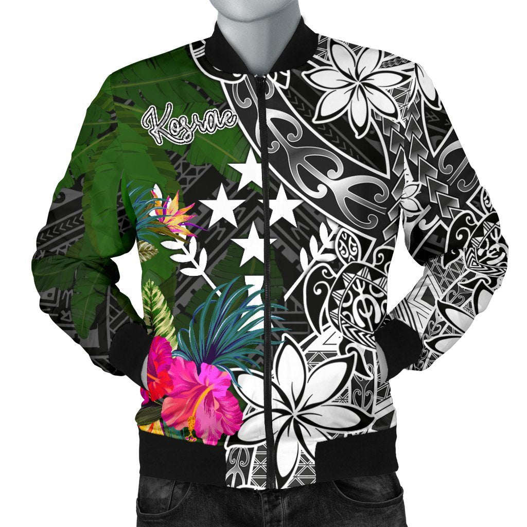 Kosrae Men Bomber Jacket - Turtle Plumeria Banana Leaf Black - Polynesian Pride