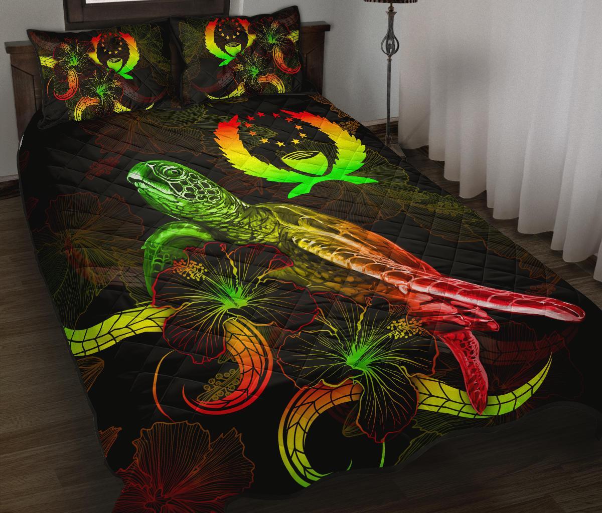 Pohnpei Polynesian Quilt Bed Set - Turtle With Blooming Hibiscus Reggae Art - Polynesian Pride