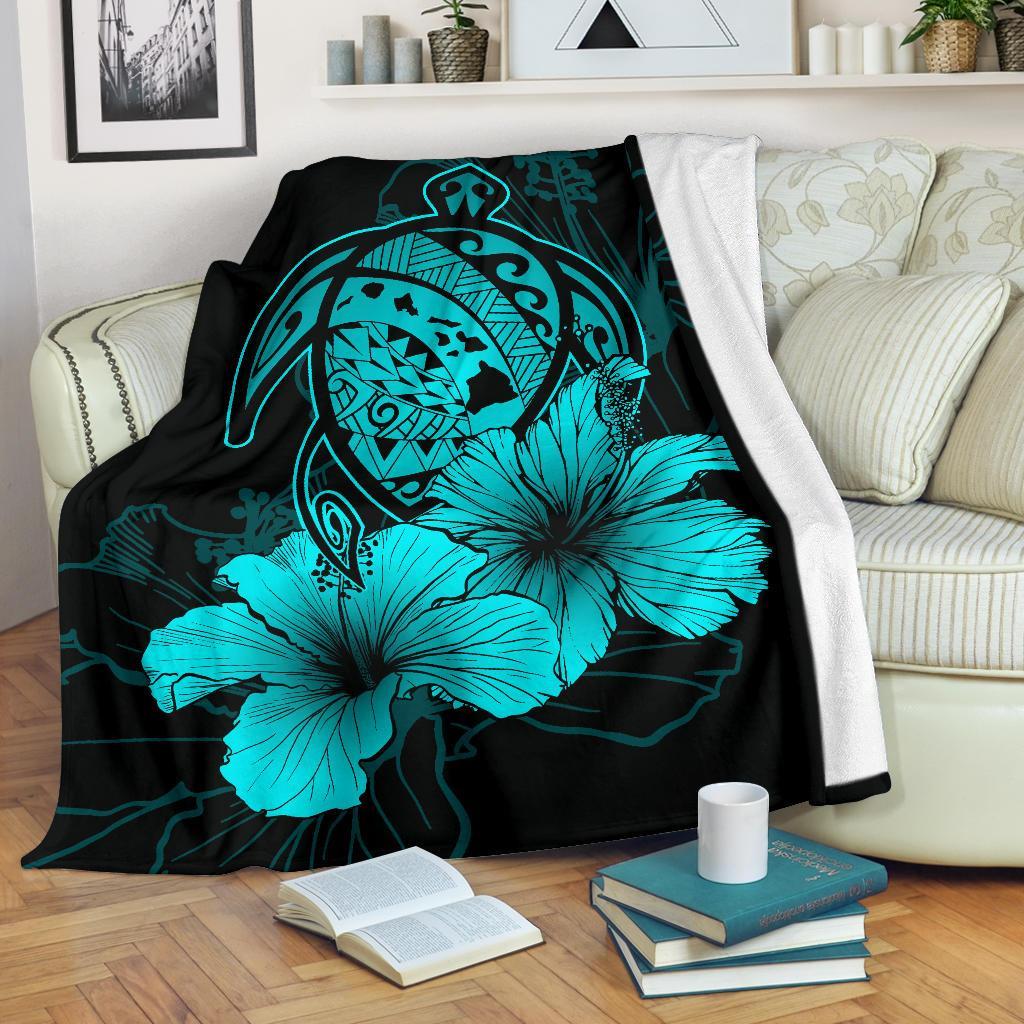 Hawaii Hibiscus Premium Blanket - Turtle Map - Turquoise White - Polynesian Pride