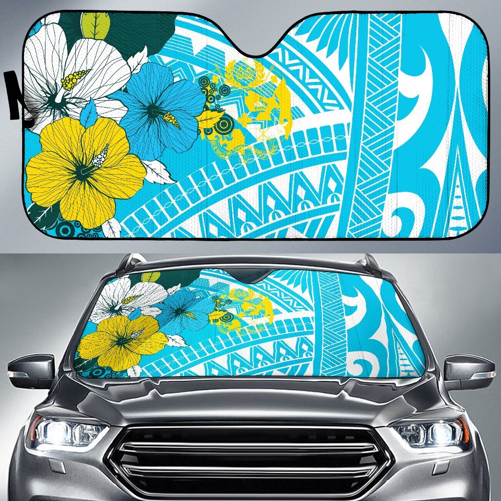 Tonga Auto Sun Shades - Polynesian Pattern Aquamarine Stone Color Auto Sun Shade Universal Fit Blue - Polynesian Pride