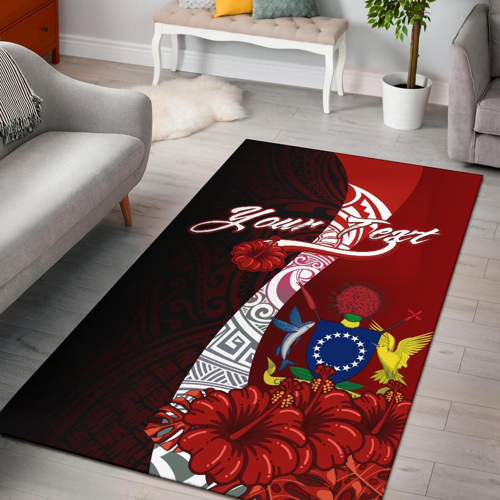Cook Islands Polynesian Custom Personalised Area Rug - Coat Of Arm With Hibiscus Red - Polynesian Pride
