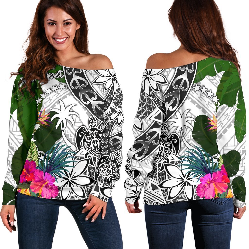 Chuuk Custom Personalised Women's Off Shoulder Sweater White - Turtle Plumeria Banana Leaf White - Polynesian Pride