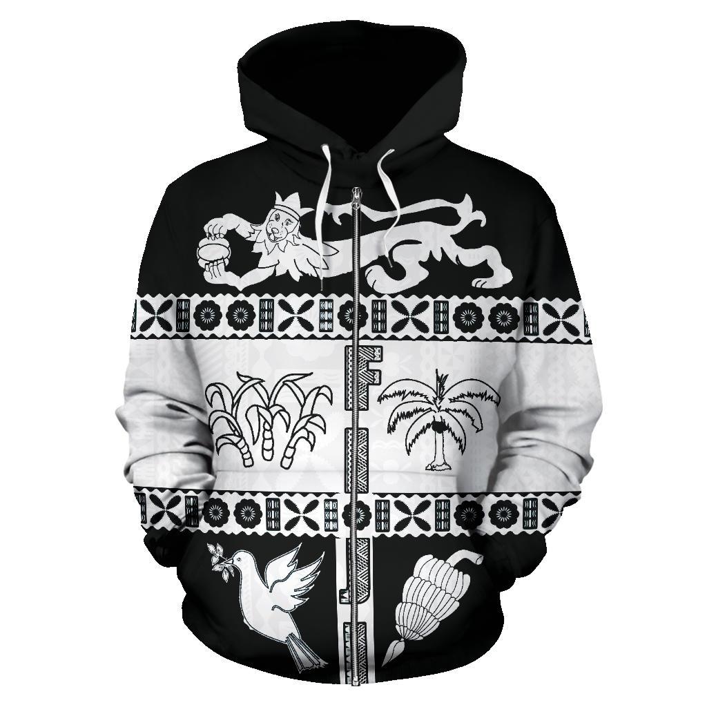 Fiji Tapa Zip Hoodie Coat of Arms Shield White Unisex White - Polynesian Pride