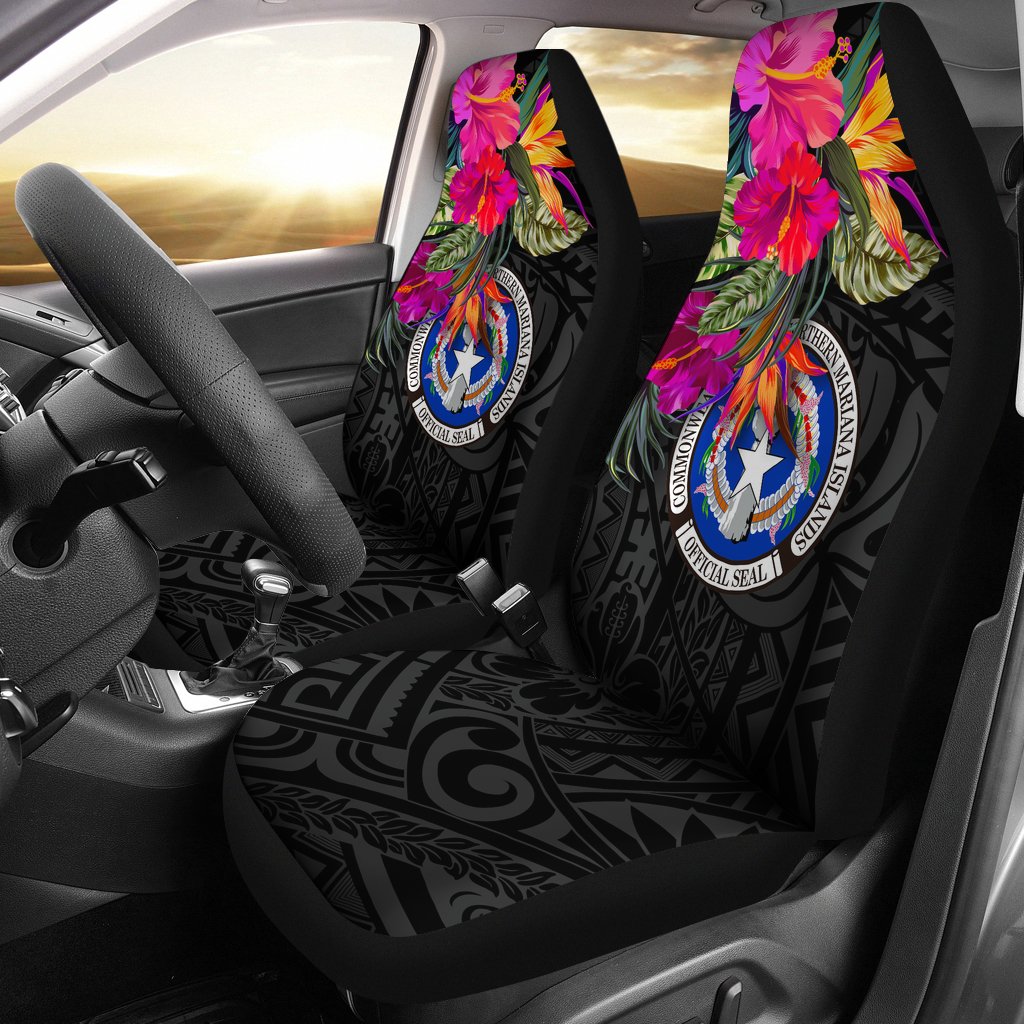 Northern Mariana Islands Car Seat Covers - Saipan Hibiscus Polynesian Pattern Universal Fit Black - Polynesian Pride
