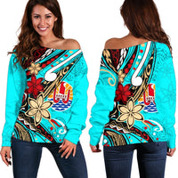 Tahiti Women's Off Shoulder Sweaters - Tribal Flower With Special Turtles Blue Color Blue - Polynesian Pride