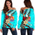 Tahiti Women's Off Shoulder Sweaters - Tribal Flower With Special Turtles Blue Color Blue - Polynesian Pride