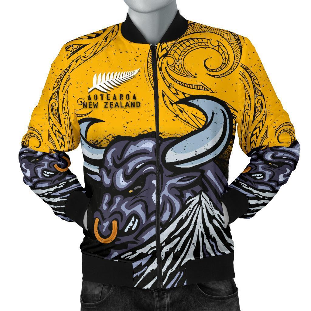 New Zealand Maori Men Bomber Jacket Taranaki Bull Yellow - Polynesian Pride