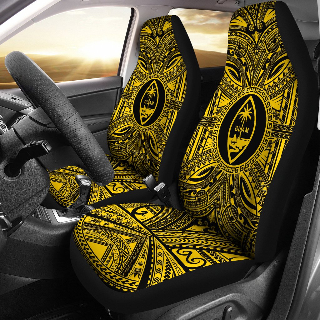 Guam Car Seat Cover - Guam Coat Of Arms Polynesian Gold Black Universal Fit Gold - Polynesian Pride