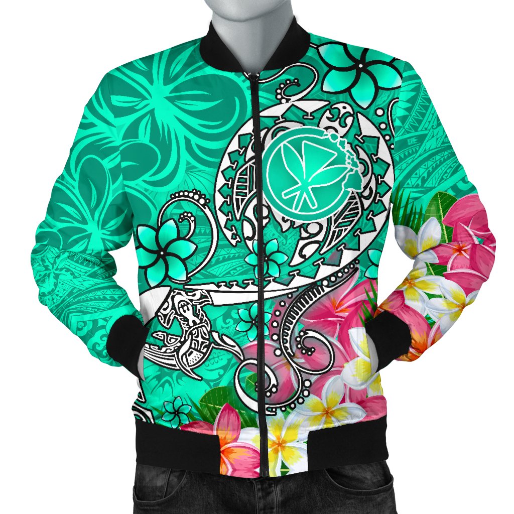 Hawaii Men's Bomber Jacket - Turtle Plumeria Polynesian Tattoo Turquoise Color Turquoise - Polynesian Pride