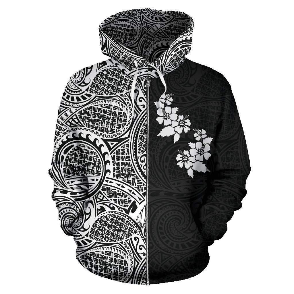Hibiscus Hoodie Zip up Polynesian Half Style White - Polynesian Pride
