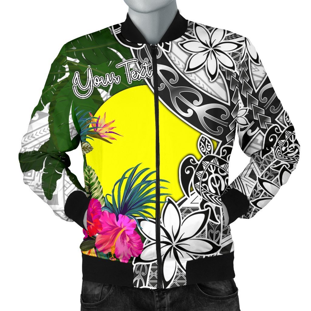 Palau Custom Personalised Men's Bomber Jacket White - Turtle Plumeria Banana Leaf White - Polynesian Pride