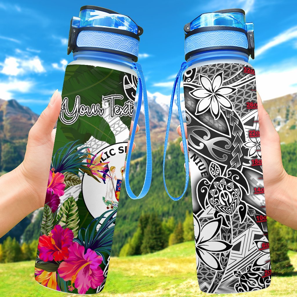 Niue Custom Personalised Hydro Tracking Bottle White - Turtle Plumeria Banana Leaf Hydro Tracking Bottle 32oz Large White - Polynesian Pride