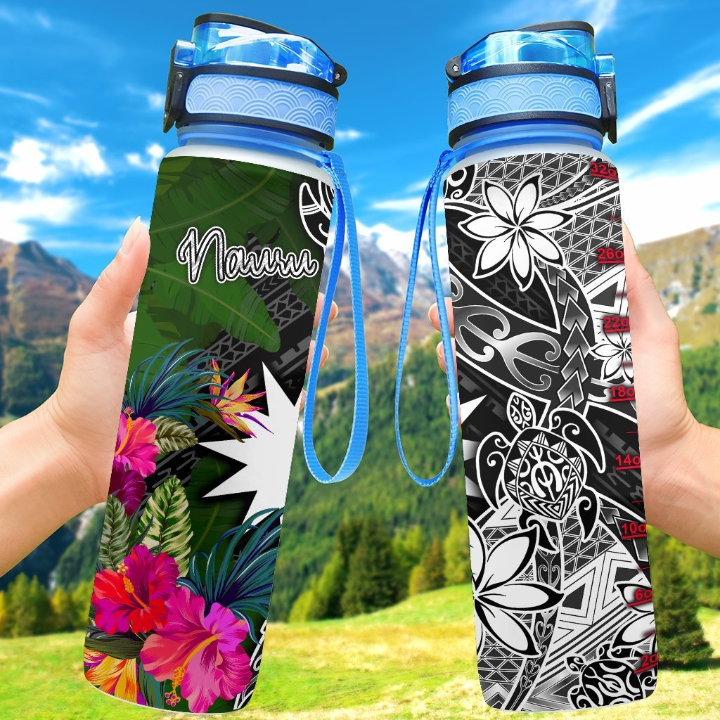 Nauru Hydro Tracking Bottle - Turtle Plumeria Banana Leaf Hydro Tracking Bottle 32oz Large Black - Polynesian Pride