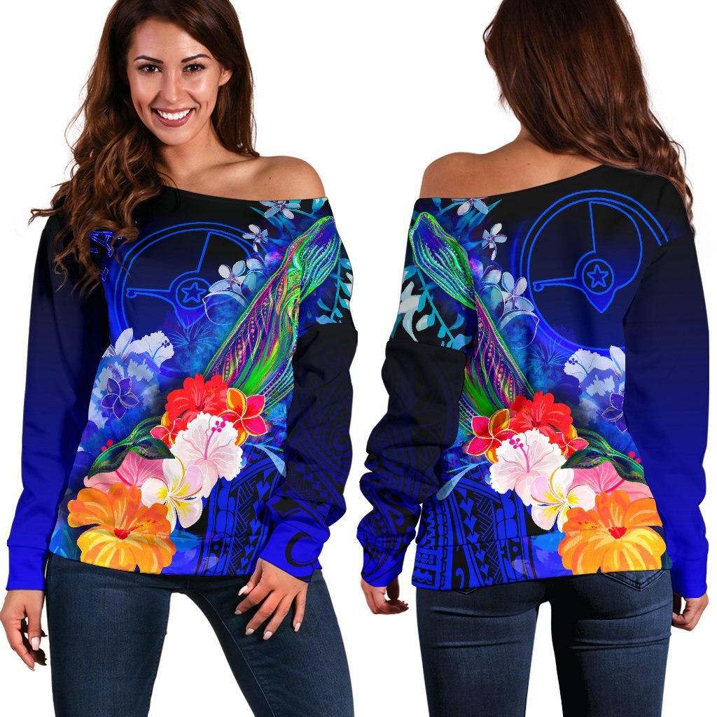 Yap Women's Off Shoulder Sweater - Humpback Whale with Tropical Flowers (Blue) Blue - Polynesian Pride