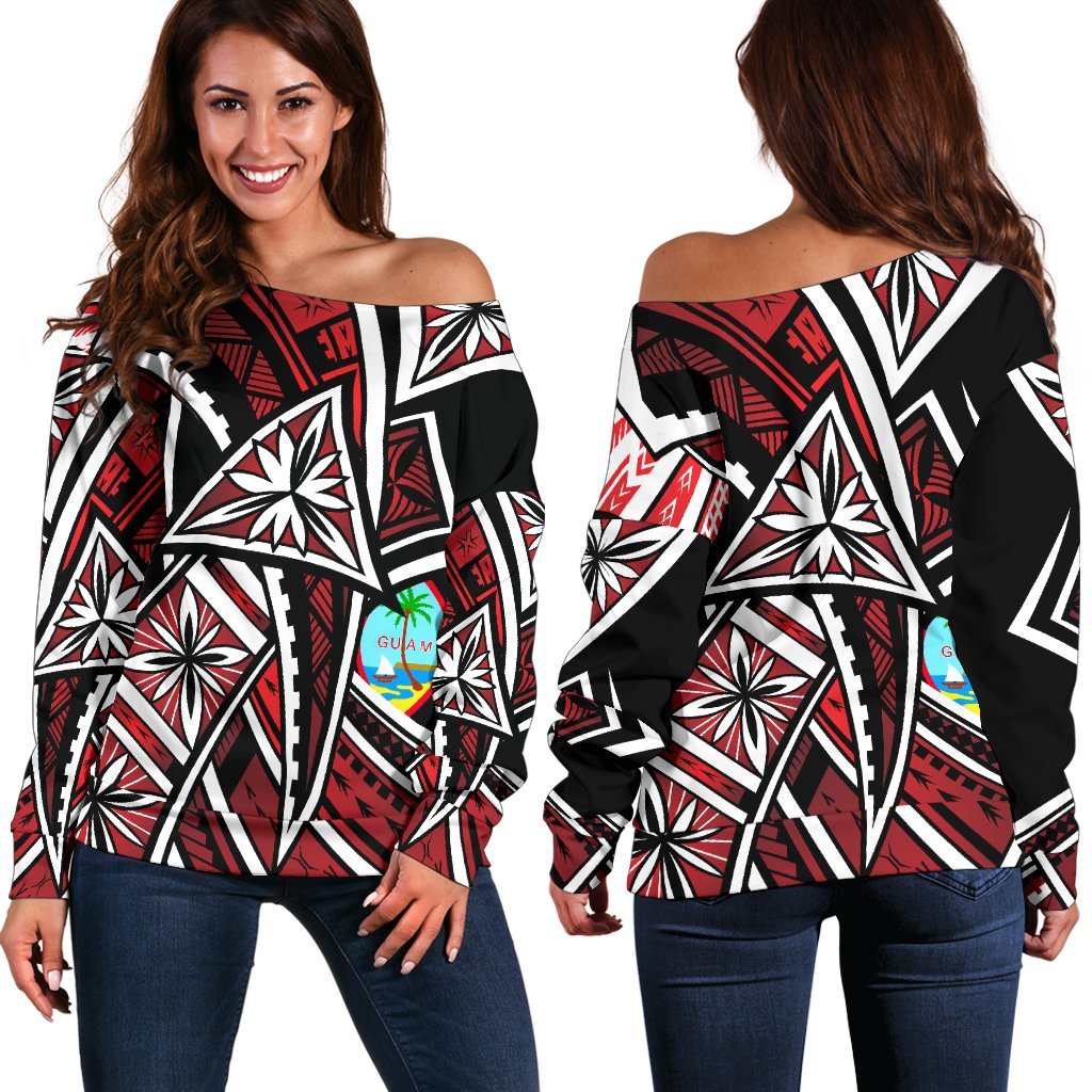 Guam Women's Off Shoulder Sweaters - Tribal Flower Special Pattern Red Color Red - Polynesian Pride