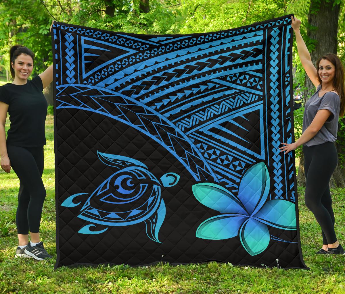 Hawaii Quilt - Hawaii Turtle Plumeria Quilt Blue Blue - Polynesian Pride