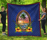 Guam Premium Quilt - Guam Coat Of Arms Hibiscus Blue - Polynesian Pride