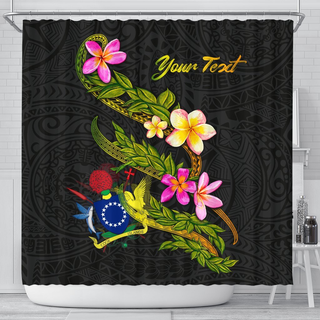 Cook Islands Polynesian Custom Personalised Shower Curtain - Plumeria Tribal 177 x 172 (cm) Black - Polynesian Pride