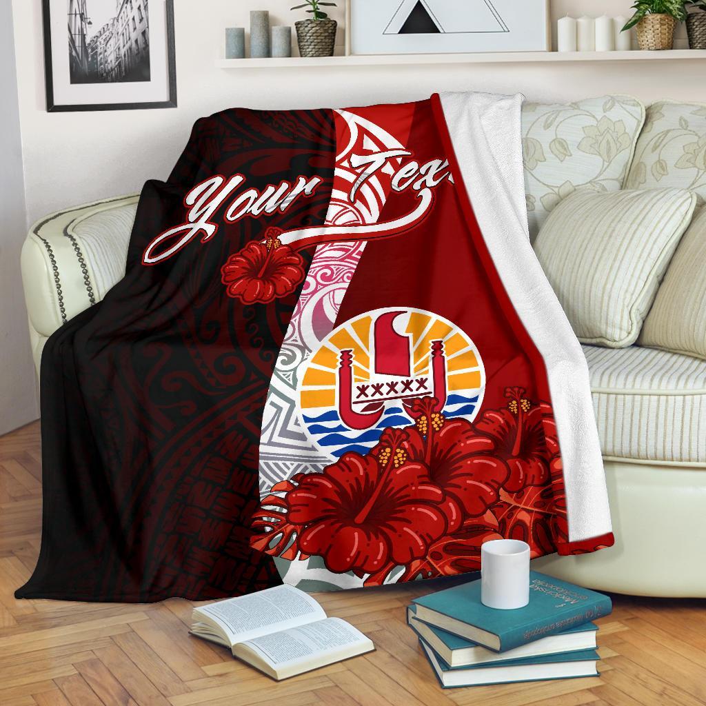 Tahiti Polynesian Custom Personalised Premium Blanket - Coat Of Arm With Hibiscus White - Polynesian Pride