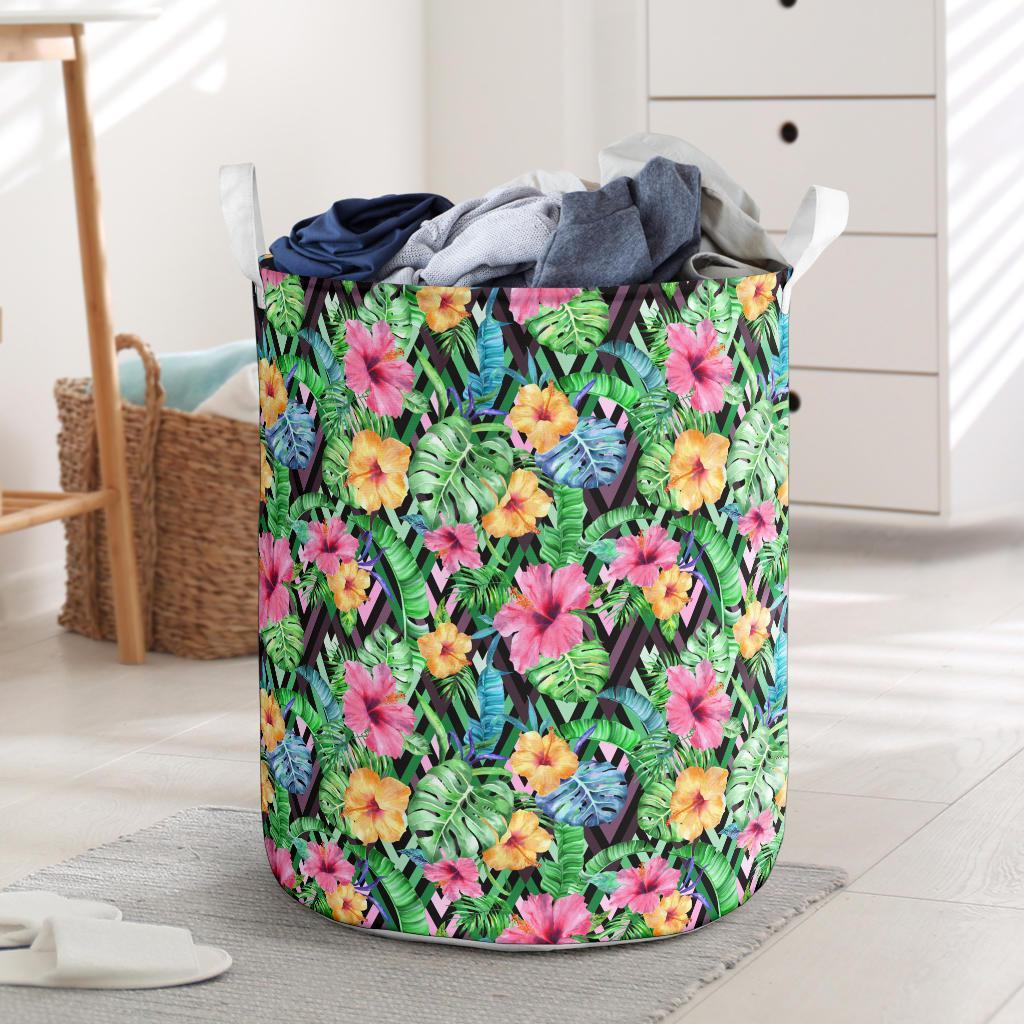 Tropical Hibiscus Banana Leafs Hawaii Laundry Basket Laundry Basket One Size Black - Polynesian Pride