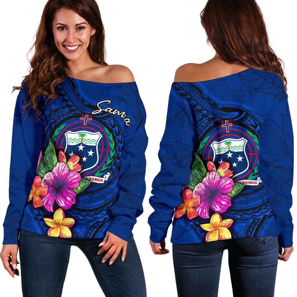 Samoa Polynesian Women's Off Shoulder Sweater - Floral With Seal Blue Blue - Polynesian Pride